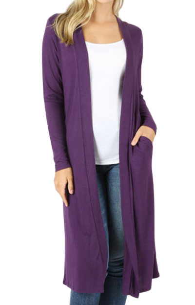 Open Front Duster with Side Pockets - Dark Purple