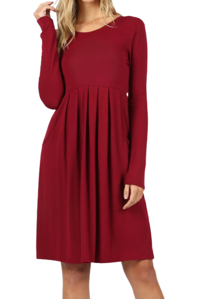 Pleated Waist Long Sleeve Dress