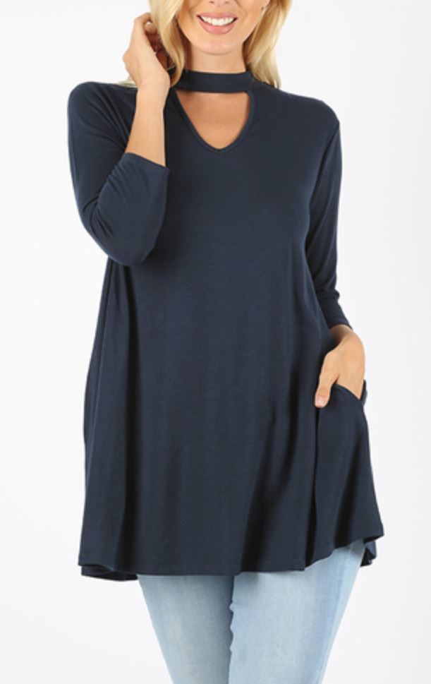 Choker Neck Tunic w/ POCKETS - Midnight Navy
