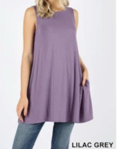 Sleeveless Swing Tunic with Pockets - Lilac Grey PLUS