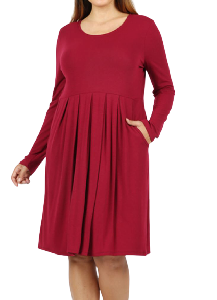 Pleated Waist Long Sleeve Dress