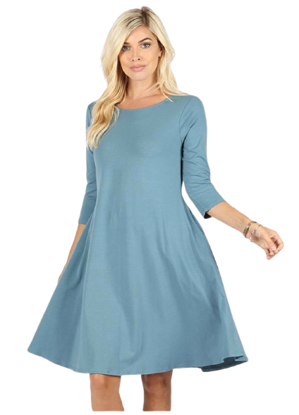 3/4 Sleeve Flared Dress with Pockets - Titanium